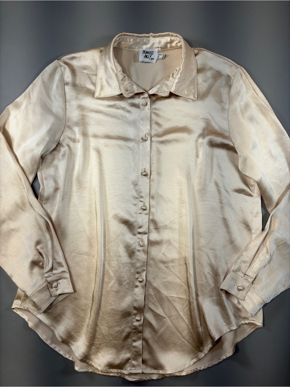 Princess Polly Vintage Vibes Aubree Champagne Satin Oversized Button Front Shirt
